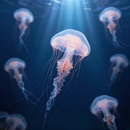a sea full of electric jellyfish, highly detail photo 8 k, light rays through water