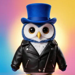 cute owl wearing black biker jacket, portrait photo, backlit, studio photo, background colorful, tophat, kobalt blue