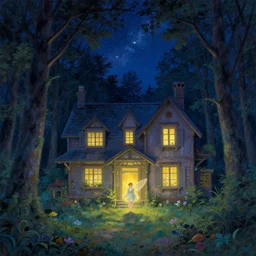 a house in the forest, night, starry sky, a fairy in front of the house, by Thomas Kinkade 8k