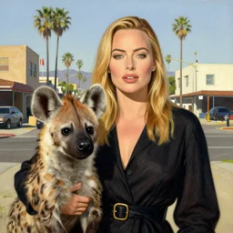 portrait of a margot robbie with a hyena as pet, skid row los angeles, in style of edwin austin abbey