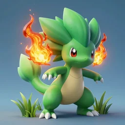 a scary grass type pokemon, green fire bursting out of his hair, highly detailed digital art, 3 d perspective, award - winning illustration, aesthetic, smooth, pokemon style, made by yuka morii and aaron blaise