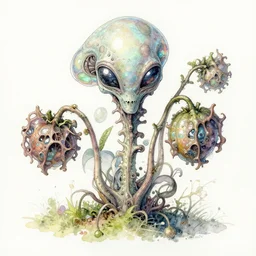 Alien plant from alpha centauri, illustrated from nature. highly detailed botanical field sketches. Alien hybrid, opalescent, metallic, strange fruits, watercolor