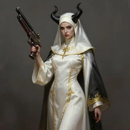 female full body demon nun with black horns holding fantasy gun character concept art, highly detailed art digital painting, cinematic, white cleric robe with golden embroidery nun veil cover with horns on top demon nun gunslinger nun nun with gun, dark fantasy game character design concept, soft light, art station magdalena pagowska art in shoo art castelvania diablo art loputyn srasa final fantasy