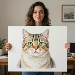 proud woman holding up a large painted picture of a cat she has just drawn, detailed photograph