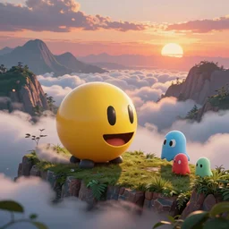 detailed round pacman being chased by ghosts, in a beautiful nature landscape with clouds, mountains, in background, sunset, by rhads, round pacman, detailed, coherent