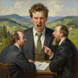 stunning portait of the serious boss screaming at the stupid manager in polish highlands, intricate details, digital art by rob gonsalves, oil on canvas by ivan shishkin