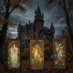 portrait spooky castle, fall, forest, dusk, by greg rutkowski and alphone mucha and christophe vacher