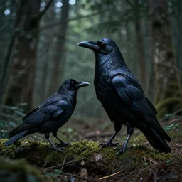 !! werecreature consisting of a crow and a human, photograph captured in a dark forest