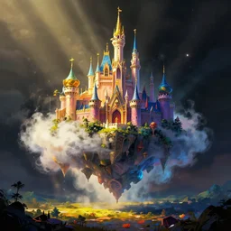 a beautiful artwork illustration, a levitating kingdom floating above the ground, volumetric fog, godrays, high contrast, high contrast, high contrast, vibrant colors, vivid colors, high saturation, by Greg Rutkowski and Jesper Ejsing and Raymond Swanland, featured on artstation, wide angle, vertical orientation