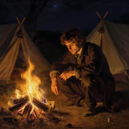 very very attractive man contemplates his hands from beside the fire, his tent is nearby, nighttime, dim stars, bright firelight, melancholy, nostalgia, painting by gaston bussiere, craig mullins, j. c. leyendecker