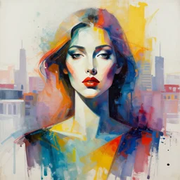 abstract portrait of female shape, city in the background, beautiful abstract female shape, rule of thirds, face symmetry, colourful spray paint splatters, expressive, abstract art, by greg rutkowski, by jeremy mann, by francoise nielly, 4 k, 8 k, correct body proportion, cinematic style, female shape shadow