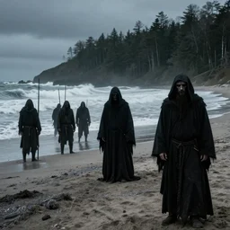 super gloomy beach with impenetrable forest inland and violent waves off shore. The grim reaper standing next to men on pikes vlad the impaler in the front right, depressive atmosphere