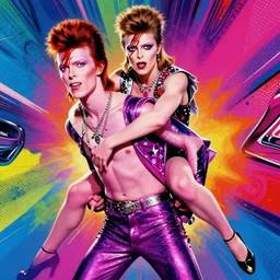 david bowie from china girl getting a piggy back ride from ziggy stardust, digital art, glam rock. pop art background.