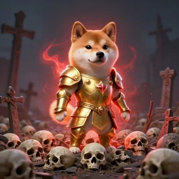 anthropomorphic shiba inu, wearing gold armor, standing on pile of skulls, graveyard of skulls, fantasy 3 d render, masterpiece, glowing red light aura, by donato giancola and greg rutkowski and wayne barlow and zdzisław beksinski, realistic face