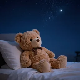 teddybear in a bed, sky full of stars