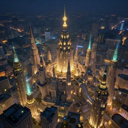magical city of the Great Tartarian Empire adorned with amazing lost technology, lights resembling fireflies, spires from rooftops collecting and distributing etheric energy, cityscape seen at night from above, combining intense detail & utmost quality, Christian Hecker, Artstation, - H 832