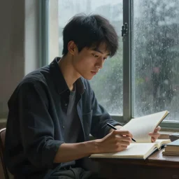 portrait of asian guy studying by the window with rain outside, highly detailed, digital painting, artstation, concept art, smooth, sharp focus, illustration, art by artgerm and greg rutkowski and alphonse mucha