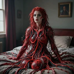 rgb, woman, bedroom, cinematic, movie scene, inspired by zdzislaw beksinski, clothes made out of veins, cables everywhere, bedroom, ultra realistic, concept art, intricate details, highly detailed, photorealistic, octane render, 8 k