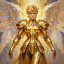 full body oil painting of tracer overwatch in the style of frank frazetta, angel wings, angelic golden armor, dramatic painting, symmetrical composition, ornate, golden chains, high detail, gold detailed collar!!!!!, blooming, angelic, lights, flowers, heavenly, bright, detailed face,
