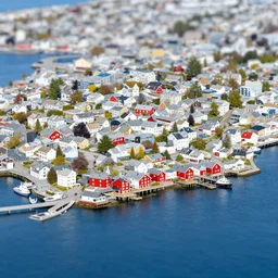 isometric view of bodø in norway, miniature, tilt - shift, colorful, arctic