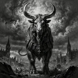 By Tom Bagshaw and Boris Vallejo, ultra realist soft painting of a warzone by night, centered Gothic armored Minotaur standing, horror, omnious sky, symmetry accurate features, very intricate details, black and white, volumetric light clouds