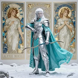 an epic concept art of a handsome snow elf in a turquoise cape and silver armour, armed with a bow, albino skin, winter vibes, elegant, very coherent symmetrical artwork, by tomasz alen kopera and alphonse mucha and charlie bowater, photorealistic, sharp focus, octane render, rtx, hdr, unreal 5, trending on artstation