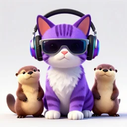 A purple and white tabby kitten wearing futuristic headphones and cyberpunk shades with 2 otters in GTA V, stylized, fortnite style, 4K, clean