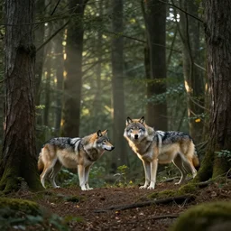 two wolves in the forest, beautiful dynamic lighting, cinematic, wide angle establishing shot, extremely high detail, cinematic lighting, post processed, concept art, artstation, matte painting, style by frederic church, raphael lacoste