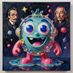 a hd surrealism painting of a 3d cast glass galactic neon complimentary colored cartoon surrealism melting creature by kandsky and salvia dali the fourth, salvador dali's much much much much much much much more talented painter cousin, 4k, ultra realistic