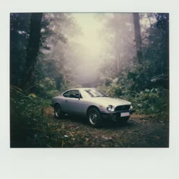 car as robot, fog, in deep jungle forest jungle, overcast! cinematic focus, old damagaed polaroid photo, vintage, neutral colors, faded!! very soft lights, big overcast, very foggy, full shot by steve hanks, by serov valentin, by lisa yuskavage, by andrei tarkovsky