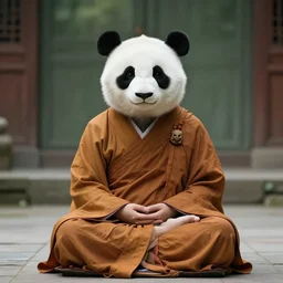 a monk with panda head, in lotus position