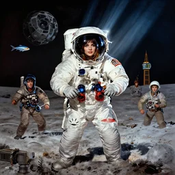 highly detailed wide - angle portrait of a retro 1 9 6 0 s moon landing, nicoletta ceccoli, mark ryden, lostfish, earl nore, hyung tae, frank frazetta, global illumination, god rays, detailed and intricate environment