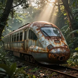 Rusted, abandoned and overgrown Maglev train, in a jungle, dramatic lighting, god rays, post-apocalyptic