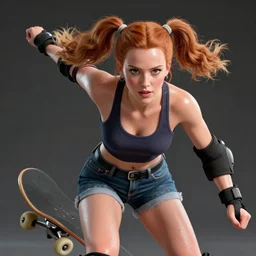 Christina Hendricks dressed as a skater girl with pigtails, perfectly-centered-photograph of Christina Hendricks, sweaty, dynamic action pose, insane detail, intricate, highly detailed, Zeiss Lens, DSLR photography, smooth, sharp focus, Unreal Engine 5, Octane Render, Redshift, 8K