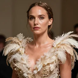 nathalie portman wearing a risque outfit made from feathers, half body portrait, greg kutkowski, sharp details, soft lighting, subsurface scattering, pearls of sweat, glistening skin, warm lighting