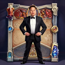 Elon Musk, Hearthstone official splash art, smallest waist, widest hips, suit, full body, small head