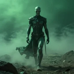 cinematic still of Nyarlathotep striding across a desolate waste, green mist, 4k, masterpiece, by Greg Rutkowski, Trending on Artstation