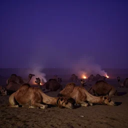 groups of camels lay sleeping at night. it is quite dark. there are small smoke fires burning near them. the sky is a dark shade of blue purple, and fog and smoke mix,