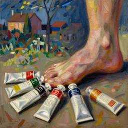 close up of painting tubes bein squished by a hairy foot. painting by yves tanguy, felix vallotton, rene magritte, max ernst, monet
