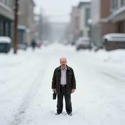 a beautiful photo by saul leiter of a real tiny walter white standing in a snowy street, tiny gaussian blur, insanely detailed, insanely intricate, insanely beautiful, depth of field, low contrast, snowy, wide aperture, color photography