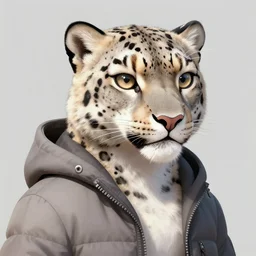 a furry female anthropomorphic snow leopard wearing clothes, detailed digital art