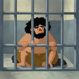Sad Caveman in fetal position in jail cell