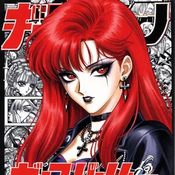 highly detailed professional portrait of 9 0 s seinen manga art of badass goth woman with red hair, black makeup, and red eyes. chunibyo. manga cover promotional art. detailed and intricate environment. drawn by ilya kuvshinov