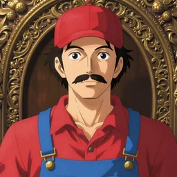 a portrait of a man with a mustache wearing a red shirt, blue overalls, and a red cap, art by ayami kojima, anime, matte painting, ornate details,