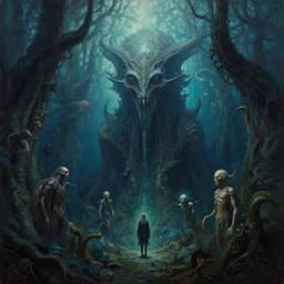a cinematic masterpiece painting of gothic exotic alien mystical underwater forest of despair, by Wayne Barlowe, by Tim Hildebrandt, by Bruce Pennington, by Zdzisław Beksiński, by Paul Lehr, oil on canvas, masterpiece, trending on artstation, featured on pixiv, cinematic composition, beautiful lighting, sharp, details, hyper-detailed, no frames, HD, HDR, 4K, 8K