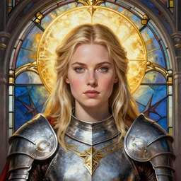 masterpiece head-on symmetrical centered painted portrait, Elisha Cuthbert as a warrior paladin, blonde hair, golden halo, ornate iron armour, ornate radiant stained glass style, elegant, distant, in the style of Edgar Maxence and Ross Tran and Zdzisław Beksiński and Michael Whelan and Anna Podedworna and gustav dore and H.R. Giger, 8k, octane render
