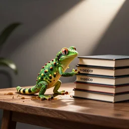 the! geico! gecko on a table,! splattered! by a stack of books, commercial, studio
