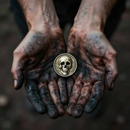 charred hands holding a coin worth 1 human soul to be traded in hell. centered. horror dystopia style. highly detailed 8 k. intricate. nikon d 8 5 0 3 0 0 mm. award winning photography.