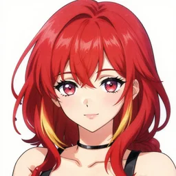 headshot art of a young vibrant anime woman with pomegranate-colored hair and golden hair highlights, wearing a black necklace and with pretty makeup, drawn by WLOP, by Avetetsuya Studios, anime drawing, trending on artstation
