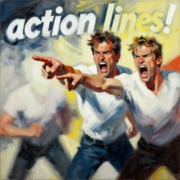 howard hamlin, patrick fabian, screaming, pointing, enraged, painting by phil hale, 'action lines'!!!, graphic style, visible brushstrokes, motion blur, blurry